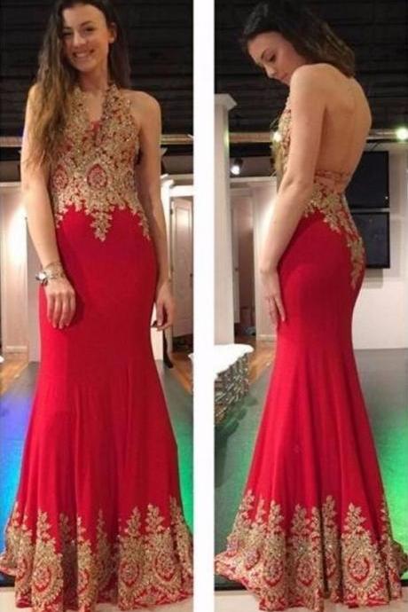 Halter Long Red Prom Dress With Gold Appliques