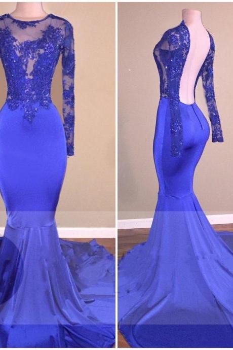 Long Sleeved Royal Blue Prom Dress With Open Back