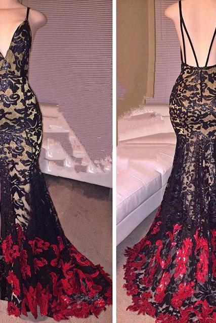 Plunging Neck Prom Dress With Red Floral