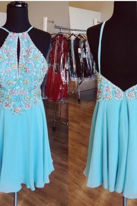 Open Back Short Light Blue Homecoming Dress With Keyhole Front