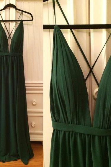Dark Green Backless Chiffon Prom Dress