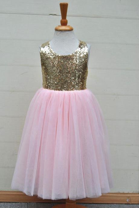 Pink Skirt Flower Girl Dress With Gold Sequin Bodice