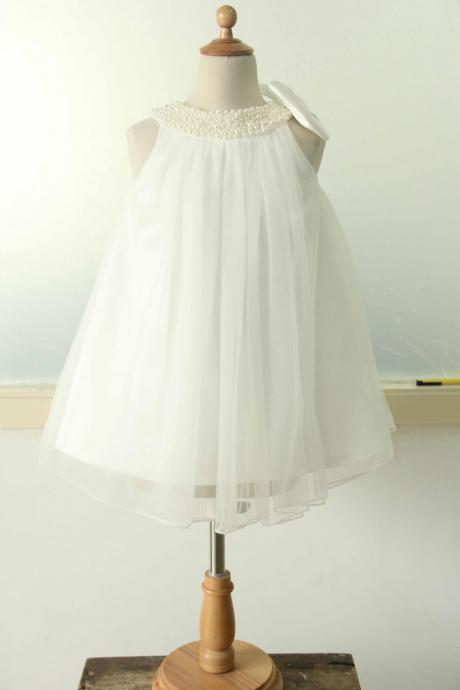 Ivory Empire Waist Flower Girl Dress With Pearls