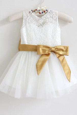 White Toddler Girl Dress With Gold Sash