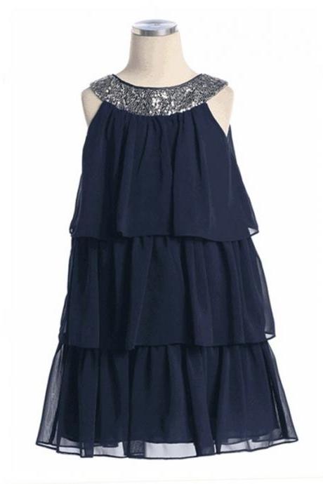 Three Tiered Chiffon Flower Girl Dress With Silver Sequin Collar