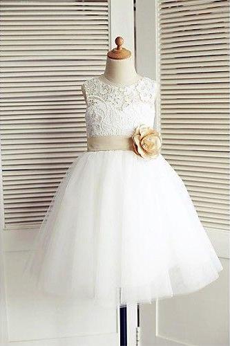 Sheer Lace Neck Ivory Flower Girl Dress With Flower Sash