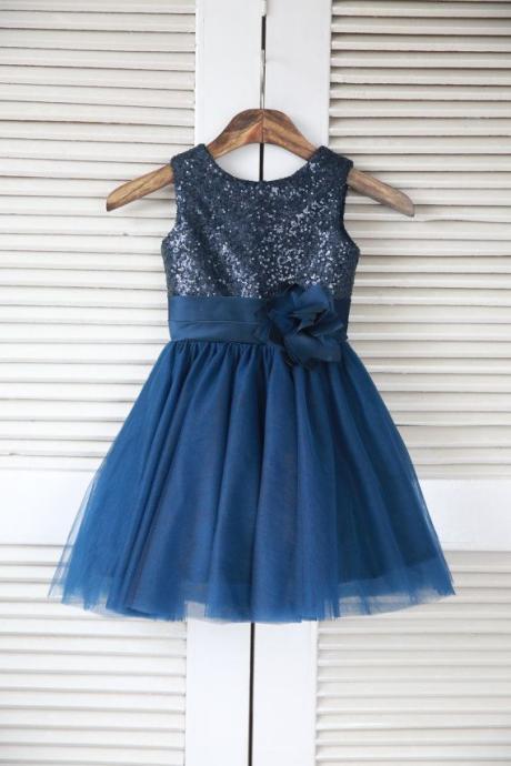 Navy Flower Girl Dress With Sequin Bodice