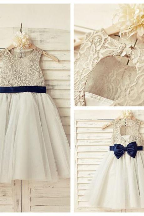 Pale Grey Flower Girl Dress With Navy Sash