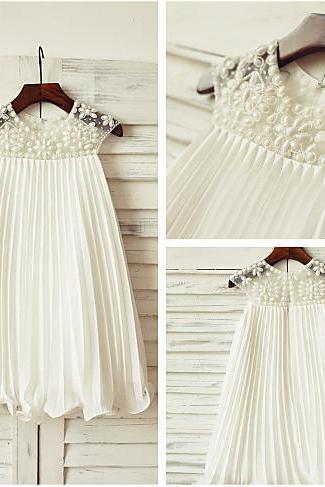 Pleated Ivory Chiffon Flower Girl Dress With Beads