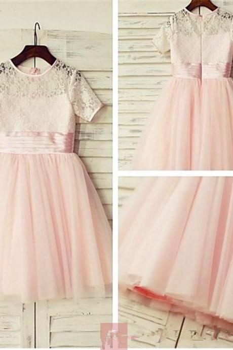 Princess Jewel Short Sleeves Lace Floor-length Tulle Flower Girl Dresses