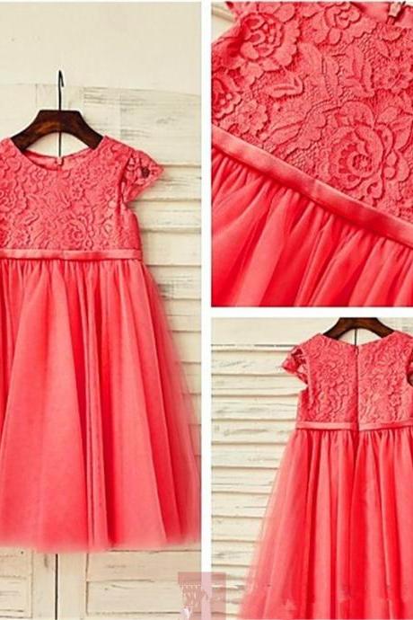 Scoop Short Sleeves Lace Tea-length Tulle Flower Girl Dresses