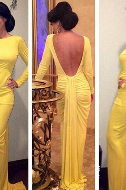 Long Sleeves Strechy Yellow Prom Dress With Open Back