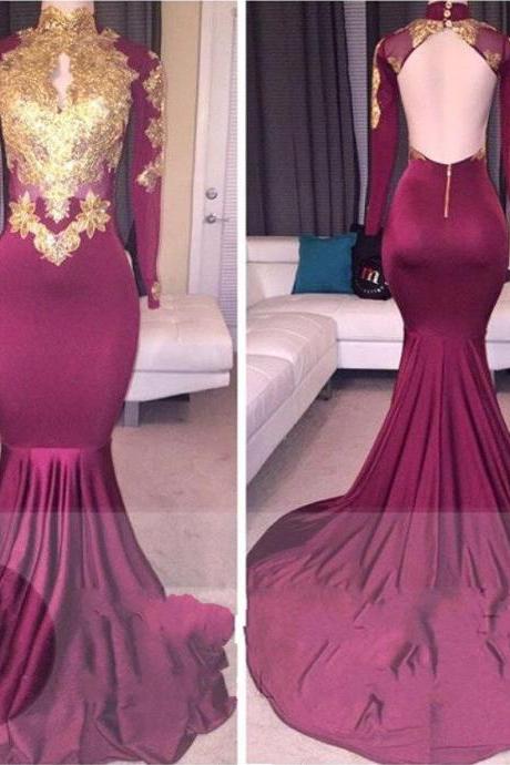 Long Sleeved Prom Dress With Gold Appliques