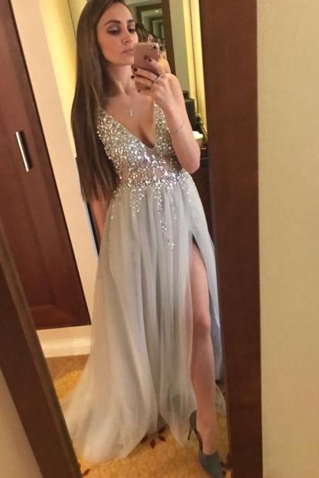 V Neck Beaded Prom Dress With Sllt