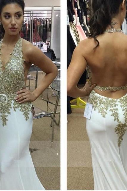 Halter Prom Dress With Appliques Lace