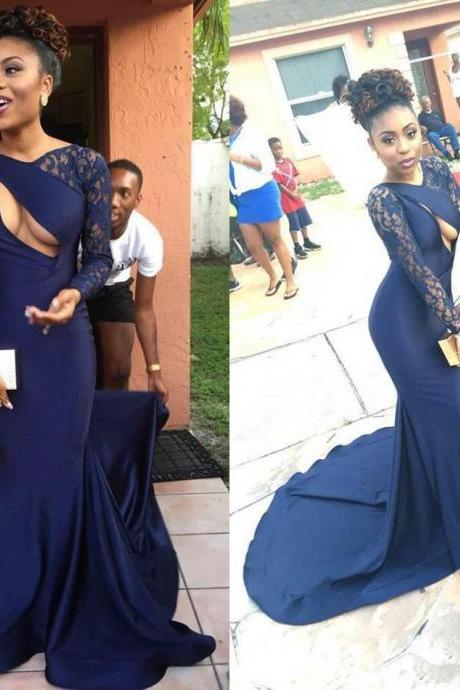 Navy Blue Long Sleeves Prom Dress With Keyhole Front