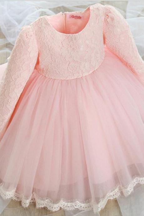 Pink Lace Tulle Flower Girl Dress With Long Sleeves