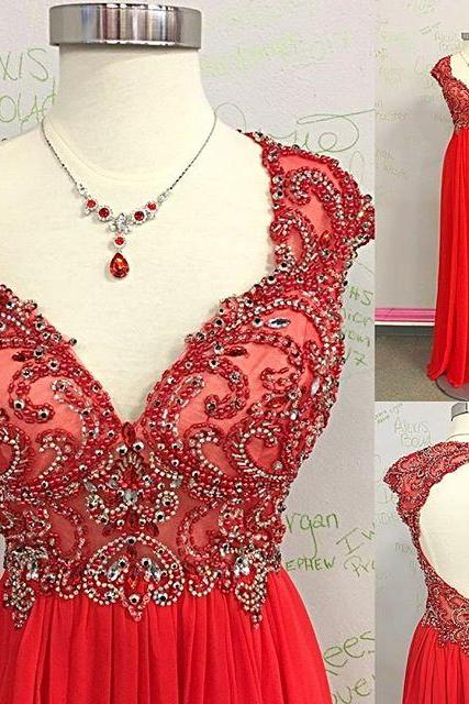 Beaded Long Red Prom Dres With Open Back