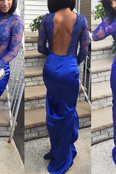 Long Sleeves Royal Blue Prom Dress With Open Back