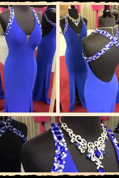 Long Royal Blue Prom Dress with Criss-cross Straps