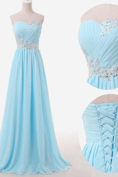 Sleeveless Light Blue Long Chiffon Formal Occasion Dress With Pleated Bodice