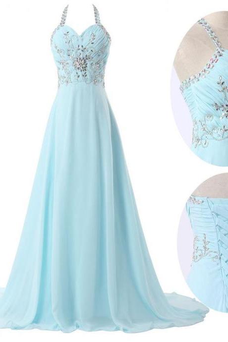 Halter Light Blue Long Chiffon Formal Occasion Dress With Crystals