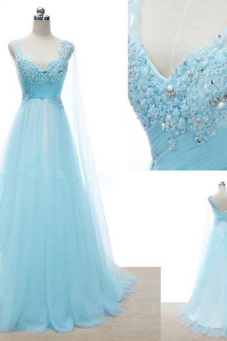 V Neck Long Tulle Light Blue Formal Occasion Dress With Appliques Lace