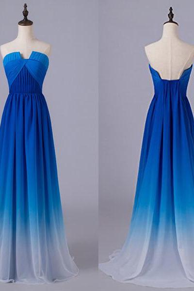 U Neck Ombre Long Prom Dresses,royal Blue Gradient Formal Occasion Dresses