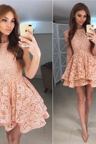 Short Lace Dress with Tiered Skirt, Junior Prom Dress, Party Dress