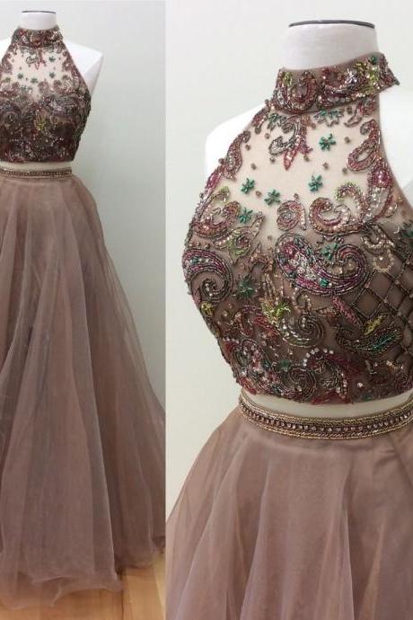 2 Pieces Prom Dress With Beaded Crop Top