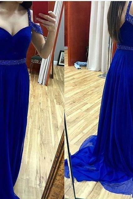 Long Royal Blue Prom Dress With Beaded Straps