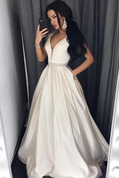 A-line Plunging Neck Long Prom Dress With Pockets