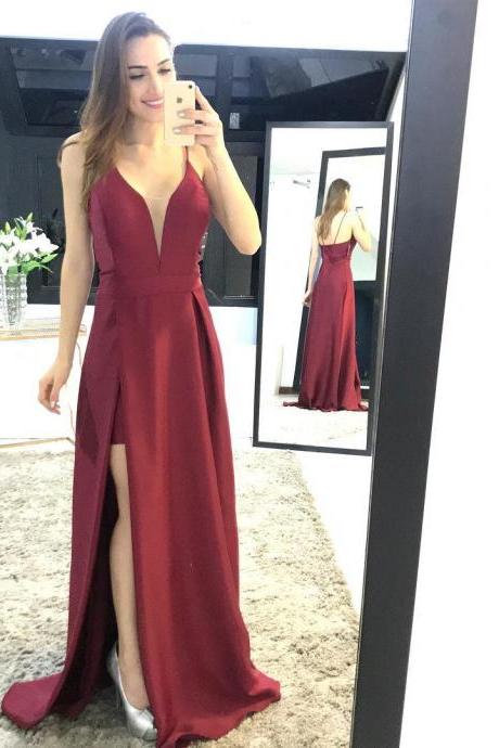 Plunging Neck Long Prom Dress With Slit