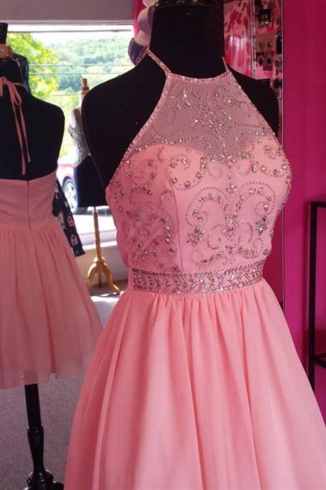 Nude Pink Short Halter Homecoming Dress With Beads
