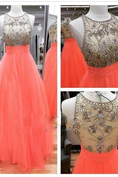 Coral Prom Dress With Beaded Bodice