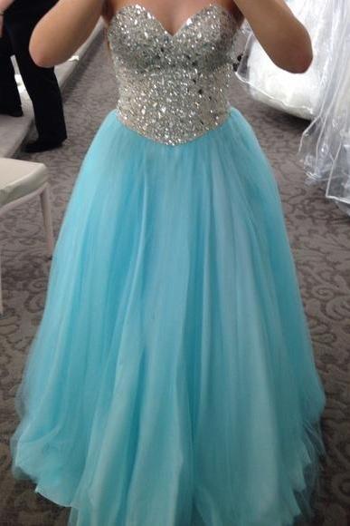 Sweetheart Neckline Turquoise Long Prom Dress With Beaded Bodice