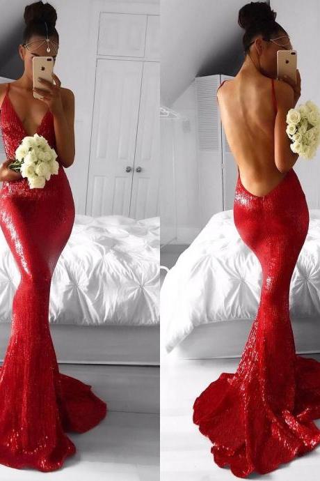 Backless Red Sequin Prom Dress 2018