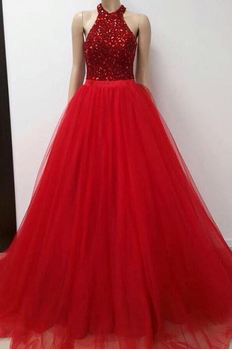 Halter Long Red Prom Dress With Beads