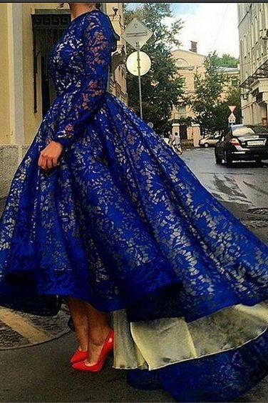Long Sleeves High Low Prom Dress With Blue Lace Overlay