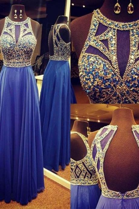 Royal Blue Beaded Prom Dress With Keyhole Back