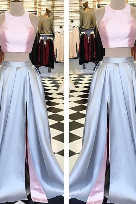Pink Top Pale Blue Skirt Two Pieces Prom Dress