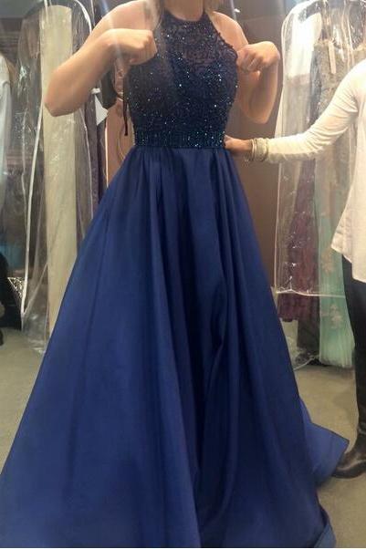 Halter Navy Prom Dress With Beads
