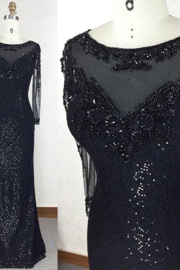 Long Sleeves Black Sequin Prom Dress With Beads