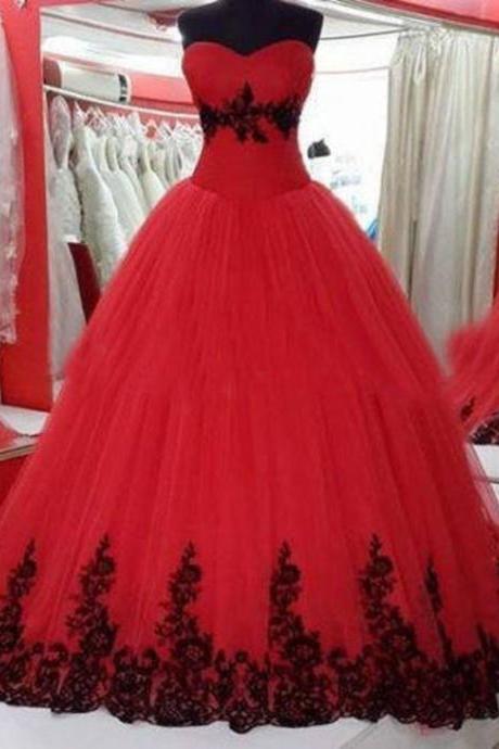 Red Ball Gown Dress With Black Lace Trim