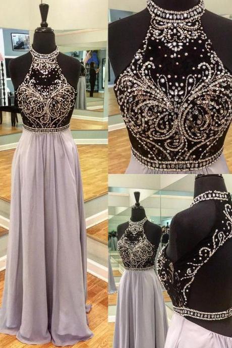 Halter Beaded Prom Dress With Open Back