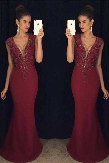 Plunging Neck Dark Red Trumpet Prom Dress With Beads