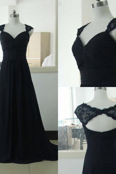 Long Black Chiffon Evening Dress With Lace Cap Sleeves Formal Occasion Dress