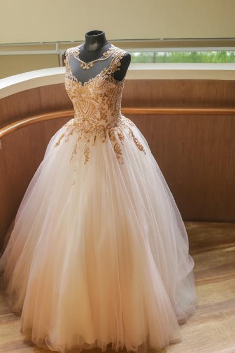 Sheer Neck Ball Gown Prom Dress With Beads