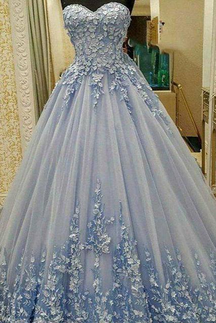 Strapless Blue Ball Gown Prom Dress With Floral Lace