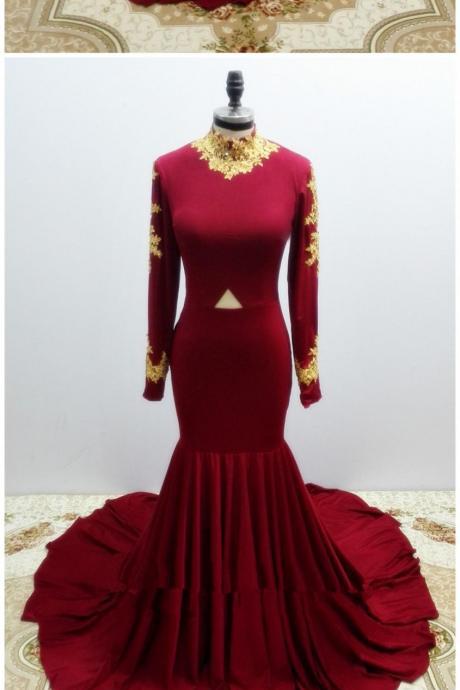 Wine Red Long Sleeves Prom Dress With Gold Lace